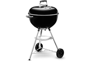 Weber Barbecue à charbon Bar-B-Kettle / Cuve et couvercle en acier émaillé, surface de cuisson de 47 cm, bac de récupération des cendres, trépied et roues, noir/argent