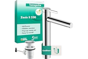 hansgrohe Zesis S - jednouchwytowa bateria umywalkowa z zestawem odpływowym klik-klak, kran łazienkowy z wylewką 230 mm, oszczędność wody (EcoSmart+) i energii (CoolStart), chrom, 74730000