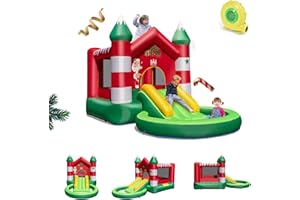 GOPLUS Château Gonflable Thème Noël pour Enfant 3-10 Ans, Toboggan Piscine Structure Gonflable, Sac de Transport Jusqu’à 135KG,390x210x220CM (Noël avec Souffleur 450W)