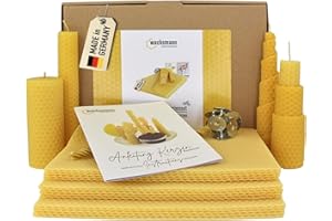 Wachsmann 100% reines Bienenwachs aus Deutschland, Kerzen selber machen Set – 15 Bienenwachsplatten (15 x 20 cm) mit Hanfdochten für 15 Bienenwachskerzen, Dochte 21 cm, Adventskerzen & Geschenk