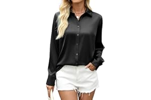 Zeagoo Blusa de Satén para Mujer Elegantes Camisas Manga Larga Cuello en V Camiseta con Botones Color Sólido Tops Suelta Empresa Casual S-XXL