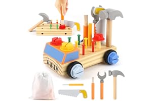 DINORUN Attrezzi Giocattolo Bambini Giochi in Legno Montessori, Camion con Custodia, Regalo 3 4 5 Anni