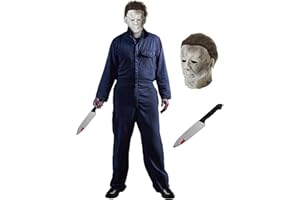 Geplaimir Halloween Killer Kostüm für Erwachsene 3-teiliges Herren Halloween Costumes Horror Cosplay Kostüm Set für Halloween Fasching Mottoparty Arbeitsoveralls Overall mit Maske und Messer