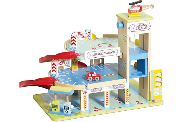 Le Toy Van - TV439 - Jeu de parking en bois pour enfants à partir de 3 ans, 3 niveaux, comprend 1 voiture, 1 hélicoptère, un ascenseur de travail, une station de voiture électrique, des rampes, un héliport