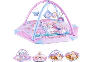 YTACREA Nyfödd enhörning 4-i-1 lekmatta, nyfödd Palestrin med 5 hängande leksaker och kudde, Tummy Time Baby vikbar och mjuk
