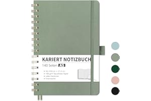 ‎RETTACY RETTACY Notizbuch A5 kariert, Bullet Journal mit 100 g/m² Dickem Papier, 70 Blatt, Collegeblock für Büro und Schule, Lederhülle, Hellgrün, 14.8 cm x 21 cm