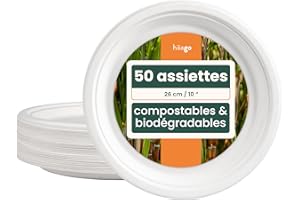 HAAGO 50 Assiettes de Canne à Sucre Jetables (26cm) - Grandes Assiettes pour Fêtes - Solide, Rigide & Étanche - Ecologique et Compostable à la Maison