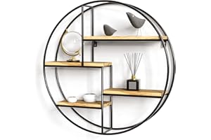 Gadgy Okrągły Regał Ścienny z 4 Półkami - Wisząca Półka Ścienna z Drewna i Metalu - Dekoracyjny Regał w Stylu Industrialnym do Salonu, Kuchni lub Łazienki - 42 x 10 cm