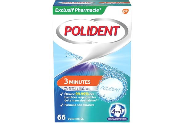 Polident Nettoyant 3 Minutes, Pour Prothèses Dentaires Partielles ou Complètes, Action Rapide, 66 Comprimés