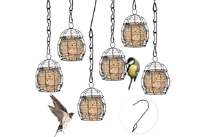 LIHAO 6 sztuk uchwytów na kule tłuszczowe dla ptaków, stacja karmienia ptaków z metalu, dozownik karmy dla ptaków do zawieszenia, dozownik karmy dla dzikich ptaków, czarny, średnica 7 cm