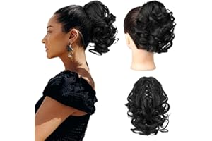 LARFRAECY Wavy Curly Hair Chignon Clip in Hairpieces 9 Inch Ponytail Updo Hair Donut Claw Clip in Ponytail Scrunchy Scrunchie Hair Extensions for Women Girls (Black)
