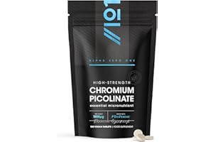 Chromium Picolinate 1000mcg with BioPerine - 180 Vegan Tablets – Blood Sugar + Metabolism Support – 6 Months Supply - Resealable and Recyclable Pouch by Alpha01