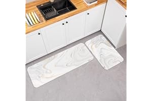 Colorful Star 2 Pieces Waterproof Cushioned Kitchen Rugs Set PVC Leather Runner Rug Non-Slip Standing Mat Decorative Comfort Floor Mat for Kitchen Laundry & Sink 45x75cm+45x120cm - Luxury Marble Ink