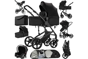 Reenborn Barnvagn 3-i-1, buggy med två vändbara skjutlägen, barnvagn med ram aluminiumlegering, barnvagn 3-i-1, komplett set med vikbar design på ett klick, hög modell (588