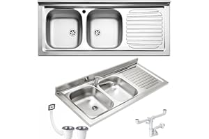 Lavello FHULLER Monostampo Da Appoggio 120X50 In Acciaio Inox AISI 304 Con Due Vasche a SINISTRA e Gocciolatoio a DESTRA Per Sottolavello da 120 Cucina Componibile Modello Pisa PI1202MRPC