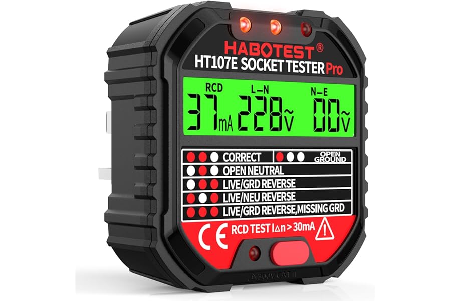 Socket Tester RCD Plug Outlet Tester UK, Electrical Receptacle Detector with LCD Display, 90-250V Power Socket Automatic Electric Circuit Polarity Breaker Finder (HT107E)