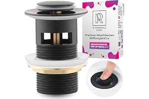 M. ROSENFELD HOME Bonde de Lavabo Noir avec Trop-Plein avec Bouton - Bonde Pop Up Noir Mat 1 1/4" Acier Inoxydable & Laiton pour Lavabo - Vanne Pop Up pour Bassin