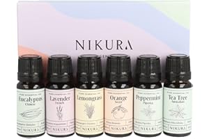 Nikura Starter Kit Essential Oil Gift Set - 6 x 10ml | Essential Oil for Diffuser for Home, Aromatherapy, Strong Fragrance, Sleep | Eucalyptus, Lavender, Lemongrass, Sweet Orange, Peppermint, Tea Tree