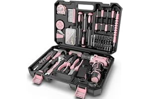 Sundpey Caisse a Outil 206 Pcs, Visseuse Devisseuse Sans Fil 12V pour Serrer/Desserrer des vis, Malette Outils avec Perceuse-Visseuse pour Bureau, Réparation à Domicile avec Tournevis et Pinces Rose