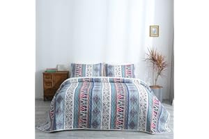 Lunoroey Bedspread Double Size Quilted Bedspread Blue Bohemian Coverlet Sets Light Blue Floral Striped Patchwork Quilt Bed Spread Bed Throws With 2 Pillowcases for All Seasons