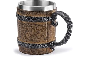 N/K Boccale di Birra in Acciaio Inossidabile a Forma di barile di Legno, Boccale di Birra Artistico Unico con Manico, Bicchiere d'Acqua Artigianale in Resina Stile retrò, 450 ml / 15 Once