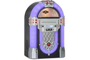 AUNA Kentucky - Jukebox, Lecteur CD, Port USB, Lecteur de Cartes SD, Eclairage LED, Entrée AUX, Look des années 50, Radio FM, Fonction Bluetooth, Compatible MP3, Noir