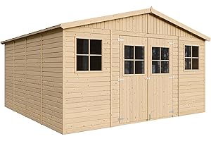 Abri de Jardin en Bois Naturel - Stockage extérieur avec fenêtres- H246 x 418 x 420 cm/ 16 m²- Hangar en Bois Naturel - Atelier Rangement Outils et vélos- TIMBELA M330