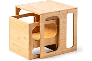 ATAA Mesa y Silla Montessori de Bambu Klea - Set Mesa y Silla Infantil Montessori a Partir de 1 año, para Leer/Comer/Jugar Adaptarse a la Altura de los niños pequeños