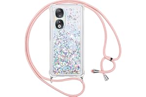 Vauki Funda para Honor 90 con Cuerda,Transparente Silicona Glitter Liquida Colgar Colgante Cristal Suave Carcasa,Brillante Arena Movediza con Cordón Case para Honor 90,Silver