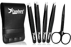 Candure Tweezers for Facial Hair Women & Men - Eyebrow Tweezers Set with Scissors Stainless Steel Precision Classic, Slant, Pointed, Pointed Slant Tools for Ingrown Facial Hair 5Pcs