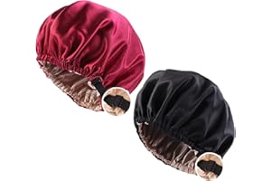 JUIMTIEN 2 pcs Satin Schlafhaube Haar Mütze Mädchen Seidenmütze,Damen Lange Satin Mütze Schlafhaube Extra Große Satin Haarhaube Doppellagig Verstellbare schlafhaube haare schützen（Schwarz+Weinrot）