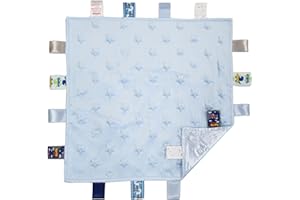 Soft Touch Taggie Comforter Baby Comfort Blanket with Sensory Tags and Bubble/Heart/Star/Foil Print Pattern (Blue Star)