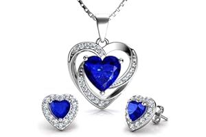DEPHINI - Jewellery Set Heart Necklaces with stud Earrings - 925 sterling silver Double Hearts Pendant for Women - Cubic Zirconia - Rhodium Plated