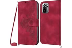 Netany Funda para Xiaomi Redmi Note 10 4G/ Redmi Note 10S con Cuerda, Flip Billetera Funda Tapa Libro PU Cuero con Ajustable Cordón,【2 Ranuras】【Hebilla Magnética】,Funda Piel Carcasa Case Cuerda (Rojo)