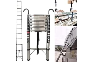 7SEVENJOKERS Teleskopleiter, 5 m hoch, ausziehbar, 12 Stufen, kompakte Klappleiter mit Haken, Edelstahl-Ausziehleiter, tragbare zusammenklappbare Dachleiter, Dachleiter, Dachleiter, max. Belastung 150 kg