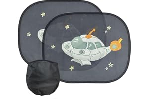 KAYRUK Pare Soleil Voiture Bébé Ventouse,2PCS Pare Brise Vitres Latérales pour Enfant,Auto Adhésifs,Sac Rangement,Protection Solaire et UV(Vaisseau Spatial, 440mm*350mm)