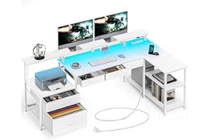 Seventable Schreibtisch L Form, Computertisch mit Steckdose, LED & Monitorständer, Reversibel Eckschreibtisch mit Schubladen, perfekt für Schlafzimmer Büro Wohnzimmer, Weiß