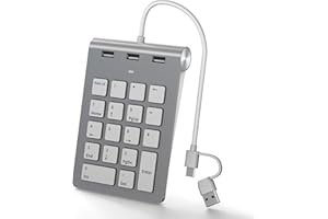 YEEMIE Numeric Keypad with USB A/C, Numpad Wired Numeric Keypad with 3 USB 2.0 Ports, 18 Keys, 15° Ergonomic Keyboard Numeric Keypad for Laptop, Tablet, Notebook, PC, Desktop and More, Aluminium