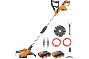 JYGMPRO Coupe Bordure sans Fil 21V, Débroussailleuse à Batterie Brushless avec 2 Batteries 2.0Ah, 2 Lames, 2 Bobines (5m), Tube Télescopique, Poignée Réglable, Tête Pivotante 90°