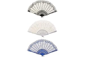 CavspkArt 3 Pcs Lace Hand Fan,Rose Lace Folding Fans,White,Black and Blue Wedding Bride Folding Fan,Vintage Chinese Handheld Fans,Spanish Lace Fans Women Fans for Wedding,Gifts,Party Decor (A)