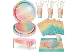Nkaiso 126 Piece Party Tableware, Rainbow Colors Theme Kids Birthday Decoration Party Accessories Set, Birthday Paper Cups Paper Plates Napkins for Wedding Shower Engagement Wedding-25 Guests