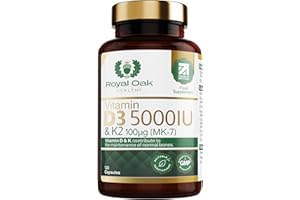 Vitamin D3 5000 IU & Vitamin K2 100mcg (MK-7) x120 Capsules - High Strength Vitamin D & K2 Supplement for Men & Women, Made in The UK by Royal Oak Health