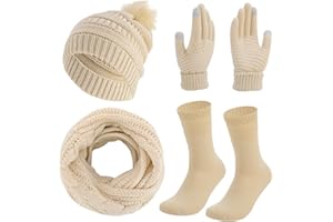 Meng Jiaran Knitted Hat Scarf and Gloves Set,4Pcs Touch Screen Gloves Scarf Hat Thermal Socks for Women Ladies Skiing Outdoor Sports