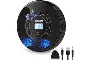 Gelielim Portable CD Player, Disman CD Players for Car with Bluetooth and FM Transmitter, CD Walkman with Dual Stereo Speakers, Anti-Skip Protection, AUX/USB Port, 2000mAh Rechargeable Battery