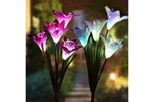 SHAREMI Solar Lights Outdoor [2 Pack] Garden Lights Solar Powered Colourful Changing with 8 Bigger Lily Flowers, Waterproof Garden Ornaments for Yard Patio Pathway Birthday Christmas Decorations, White+Purple