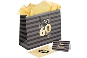 Sumerk 1 PC 13" Large Gift Bag with Card Stickers and Tissue Paper 60th Birthday Bag for Women Men Happy 60th Birthday Gift Bag