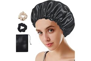 ATBUSS 1 x satynowa czapka do spania z 2 gumkami do włosów i 1 workiem, regulowana czapka nocna, satynowy czepek do włosów, rozciągliwy jedwabny czepek dla kobiet i dziewcząt (czarny)