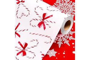 Wikadlik Christmas Wrapping Paper - 43cm x 10m Mini Roll Cute Candy Cane with Bow Snowflake Pattern Gift Wrap Paper for Holiday Festive Celebration DIY Craft