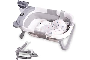 ZENTAURUS - BAÑERA PLEGABLE BEBE - TERMOMETRO Y PILAS INCLUIDO - ASIENTO BAÑO BEBE INCLUIDO - ANTIDESLIZANTE - COJIN BAÑERA BEBE - AHORRA ESPACIO - SOPORTE BAÑERA BEBE DE 0 A 36 MESES