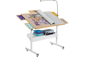 Tektalk Jigsaw Puzzle Table with LED Light, Jigsaw Puzzle Board with Angle & Height Adjustment, Wooden Plateau with with Cover, Enclosed with 4 Roller Wheels, for Up to 1500 Pieces